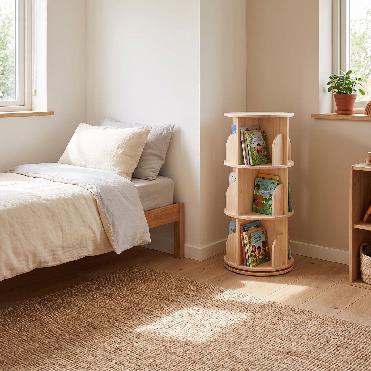 Bibliothèque pivotante en pin 3 niveaux dans une chambre d'enfant scandinave