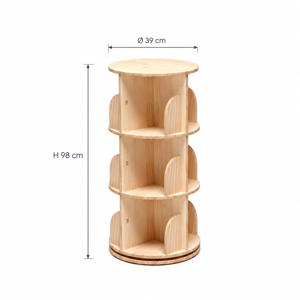 Dimensions de la bibliothèque pivotante en pin 3 niveaux : Ø 39 cm, hauteur 98 cm