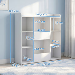 Meuble rangement enfant, bibliothèque enfants avec 8 compartiments et étagère supérieure, 104 x 29 x 101,5 cm, blanc