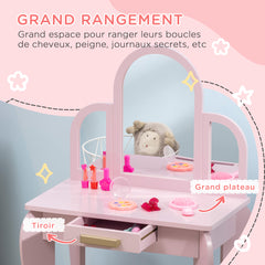 Coiffeuse pour enfant avec tabouret 3 miroirs et tiroir 3 à 6 ans 52 x 32 x 85 cm rose