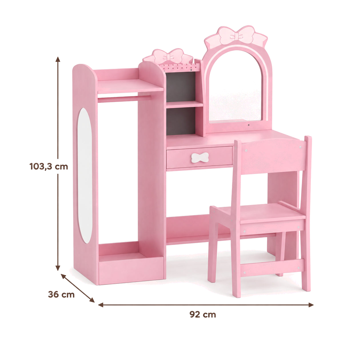 Coiffeuse enfant – Miroir lumineux bicolore, rose – dimensions