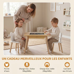 Ensemble 1 table et 2 chaise 3 pièces pour enfants avec plateau réversible espace de rangement bois naturel
