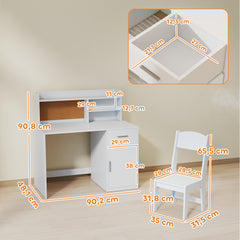 Bureau enfant avec chaise, table enfant et chaise, tiroir, placard, compartiments ouverts, tableau en liège, blanc