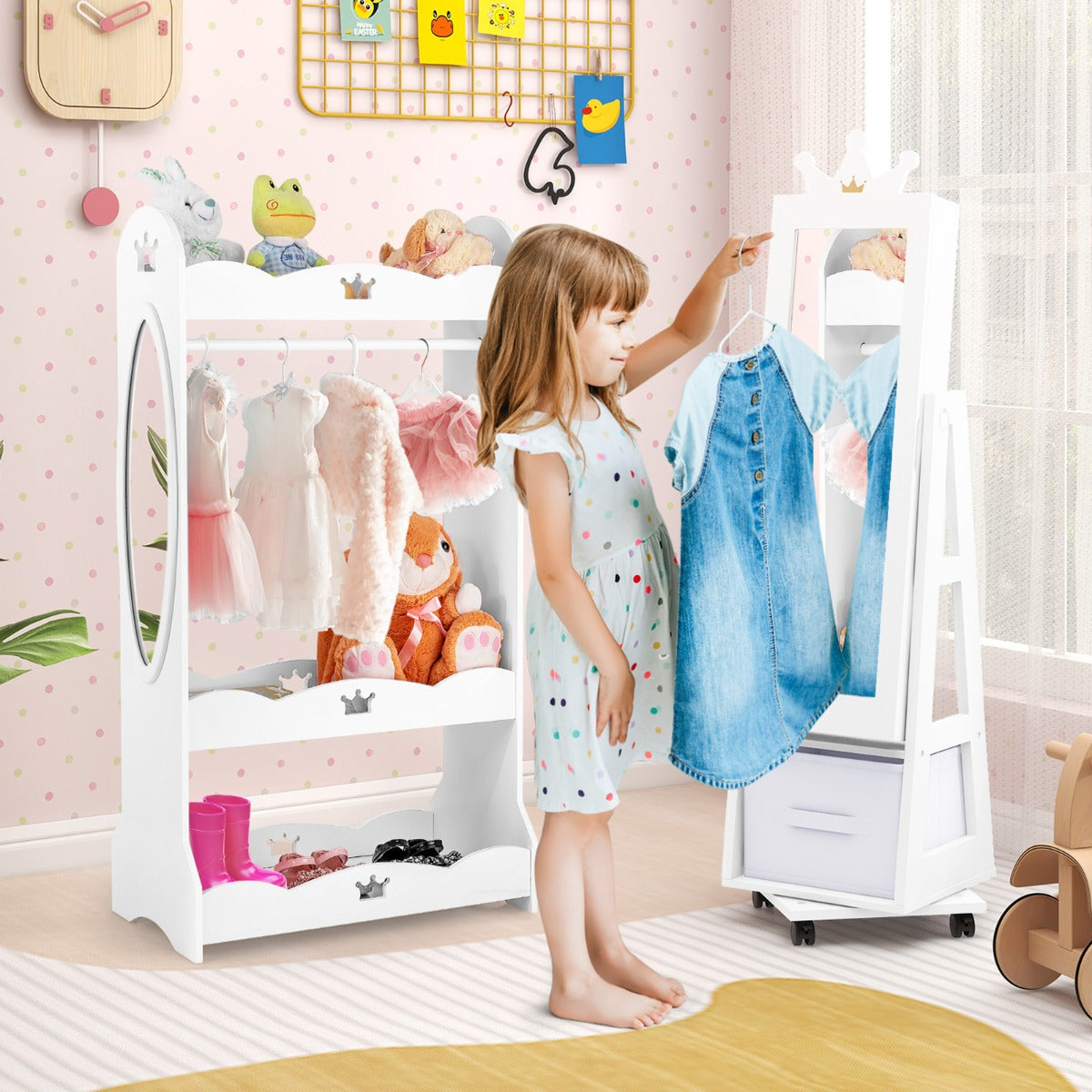 Costway Armoire à Bijoux pour Enfants Miroir sur Pied avec Base Pivotante Roulettes Universelles Verrouillables Miroir de Maquillage Blanc