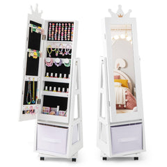 Costway Armoire à Bijoux pour Enfants Miroir sur Pied avec Base Pivotante Roulettes Universelles Verrouillables Miroir de Maquillage Blanc