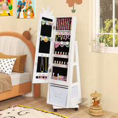 Costway Armoire à Bijoux pour Enfants Miroir sur Pied avec Base Pivotante Roulettes Universelles Verrouillables Miroir de Maquillage Blanc