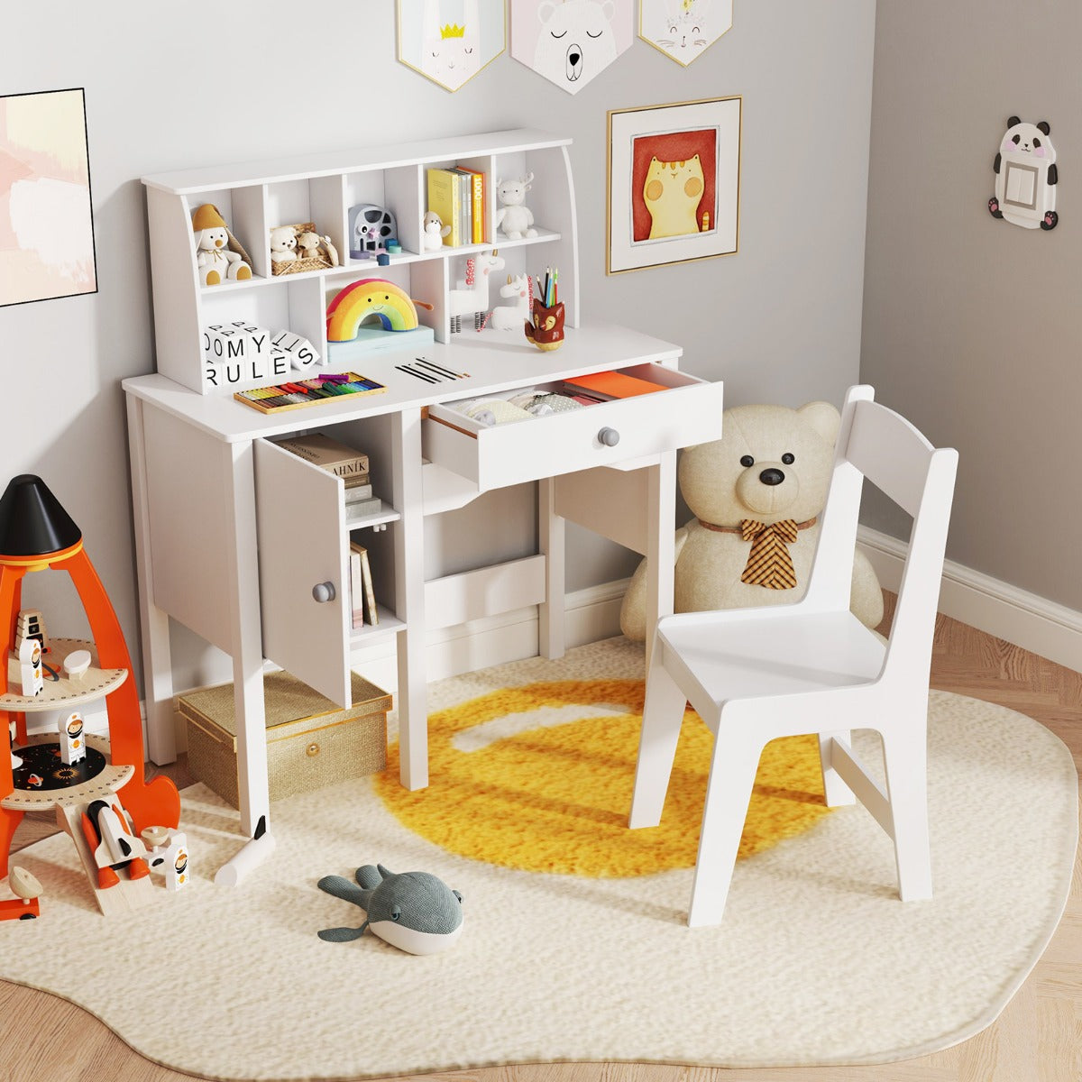 Costway Ensemble Bureau et Chaise pour Enfants 3 Ans+ Table de Travail en Bois avec Chaise Meuble de Rangement avec Étagère et Cabinet Blanc