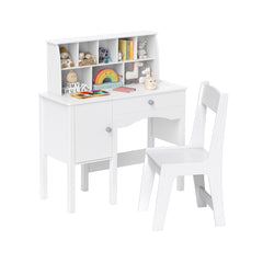 Costway Ensemble Bureau et Chaise pour Enfants 3 Ans+ Table de Travail en Bois avec Chaise Meuble de Rangement avec Étagère et Cabinet Blanc