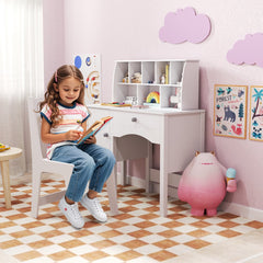 Costway Ensemble Bureau et Chaise pour Enfants 3 Ans+ Table de Travail en Bois avec Chaise Meuble de Rangement avec Étagère et Cabinet Blanc