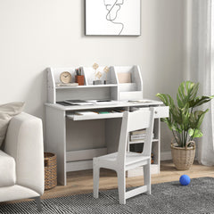 Bureau enfant avec chaise ergonomique avec clavier coulissant tiroir niches et étagères ouvertes 90 x 45 x 90 cm blanc