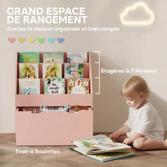 Bibliothèque pour enfants Multi-Rangement avec 3 niveaux d'étagères et un tiroir, 62,5L x 30l x 70H cm, rose