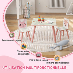 Ensemble table et chaises pour enfants, table pour enfant avec 2 chaises, motif animaux pour chambre à coucher rose