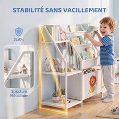 Bibliothèque pour Enfants à 3 Niveaux, Étagère à Livres pour Enfants avec Tiroir en Tissu, 93 x 30 x 76 cm, Blanc