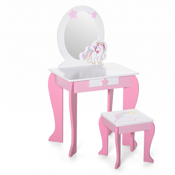 Coiffeuse enfant – Licorne rose et blanc – fond blanc