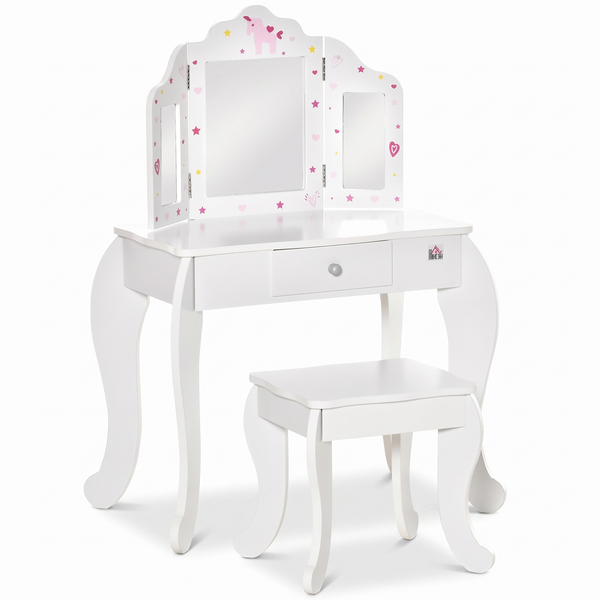 Coiffeuse enfant – Miroir triptyque et tiroir – fond blanc