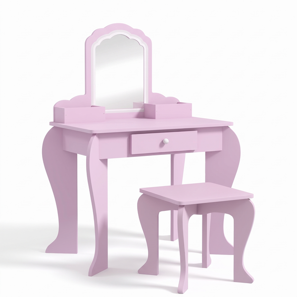 Coiffeuse enfant – Tiroir et 2 compartiments, rose – fond blanc