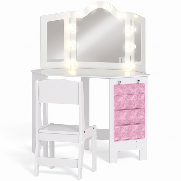 Coiffeuse enfant 2 en 1 – Miroir triptyque LED, blanc – fond blanc