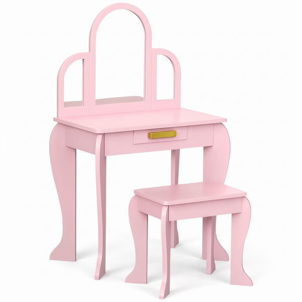 Coiffeuse enfant – 3 miroirs et tiroir, rose – fond blanc