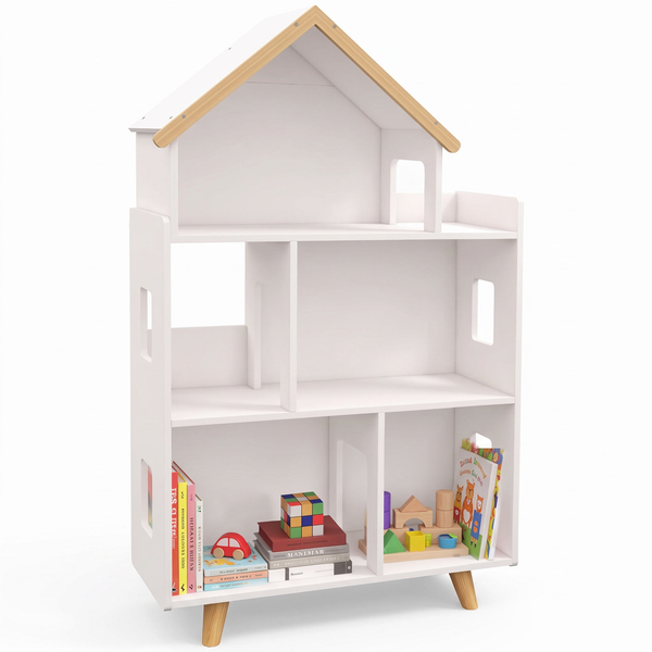 Étagère enfant forme maison – 3 niveaux, blanc et naturel – fond blanc