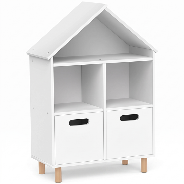 Bibliothèque enfant forme maison – 3 niveaux, blanc – fond blanc
