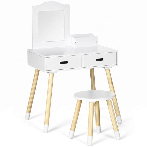 Coiffeuse enfant – 2 tiroirs, blanc et bois – fond blanc