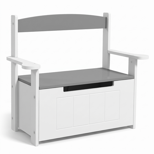 Coffre à jouets enfant 2 en 1 – Banc avec dossier, gris – fond blanc