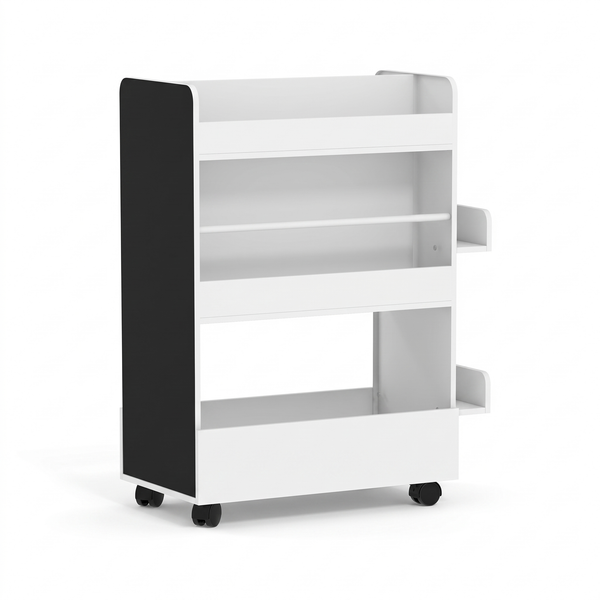 Bibliothèque enfant sur roulettes – Tableau noir, blanc – fond blanc