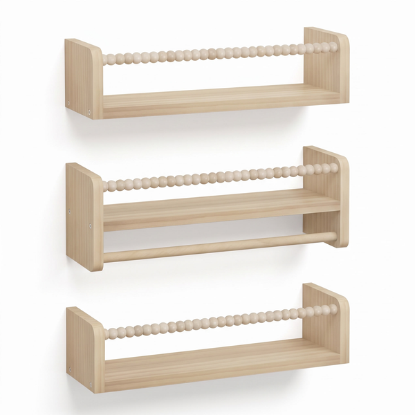 Étagères flottantes enfant – Lot de 3, bois massif – fond blanc