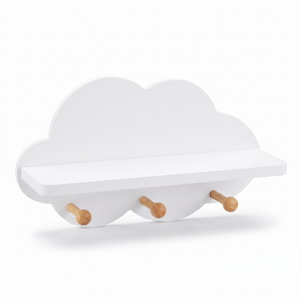 Étagère murale enfant – Nuage avec crochets – fond blanc