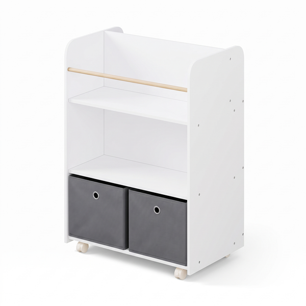 Bibliothèque enfant 2 en 1 sur roulettes – Boîtes de rangement, blanc – fond blanc