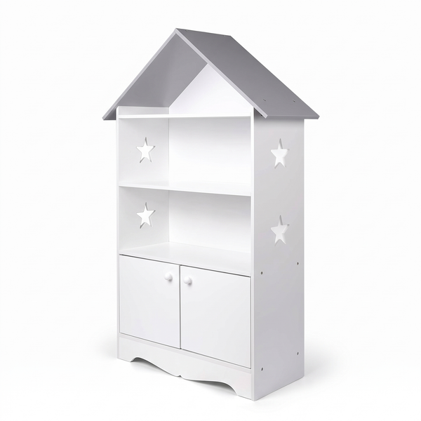 Bibliothèque enfant – Portes étoilées et toit, blanc et gris – fond blanc