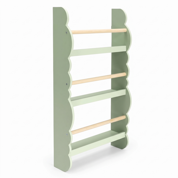Bibliothèque murale enfant – 3 niveaux, pin – fond blanc