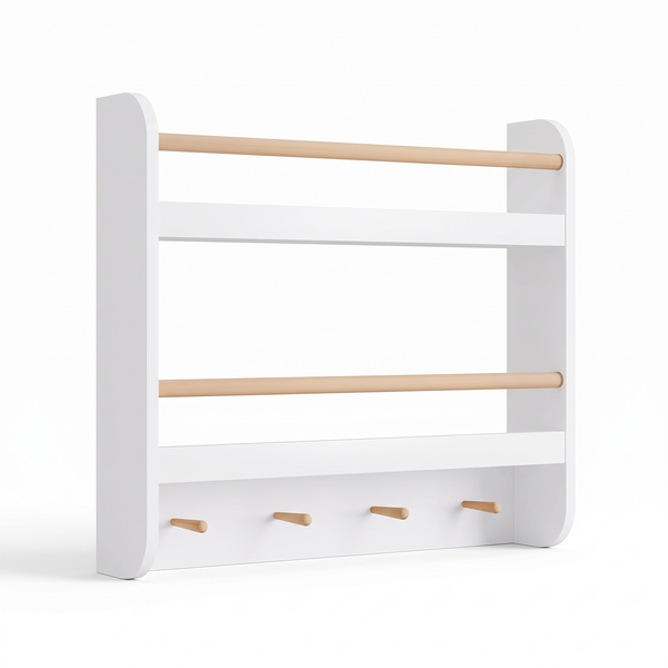 Étagère enfant à jouets – 2 niveaux et 4 crochets – fond blanc