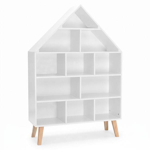 Bibliothèque enfant forme maison – 5 niveaux, blanc – fond blanc