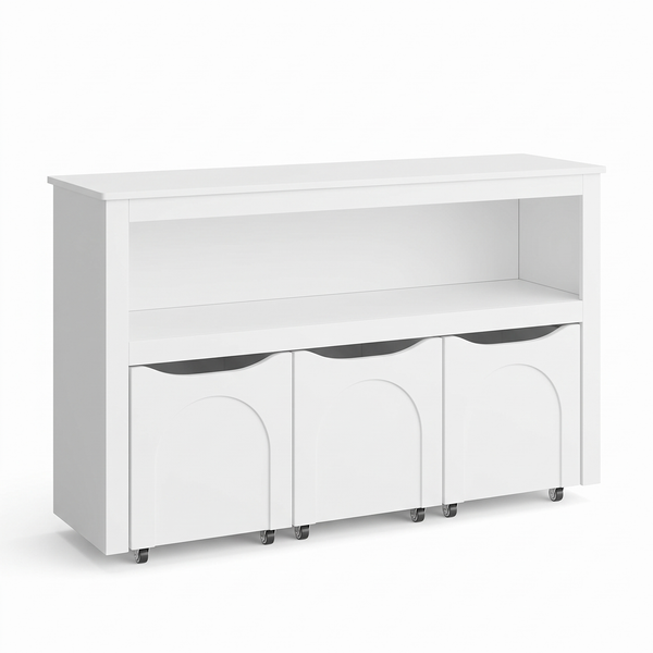 Étagère enfant sur roulettes – Rangement jouets, blanc – fond blanc