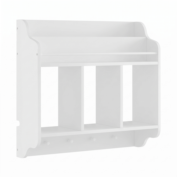 Bibliothèque murale enfant – 5 compartiments et 4 crochets, blanc – fond blanc