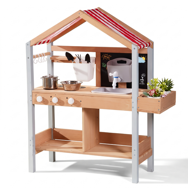 Cuisine d'extérieur enfant en bois – Auvent – fond blanc
