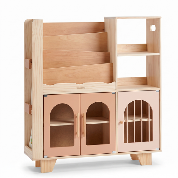 Meuble de rangement enfant en bois – Jouets et livres – fond blanc