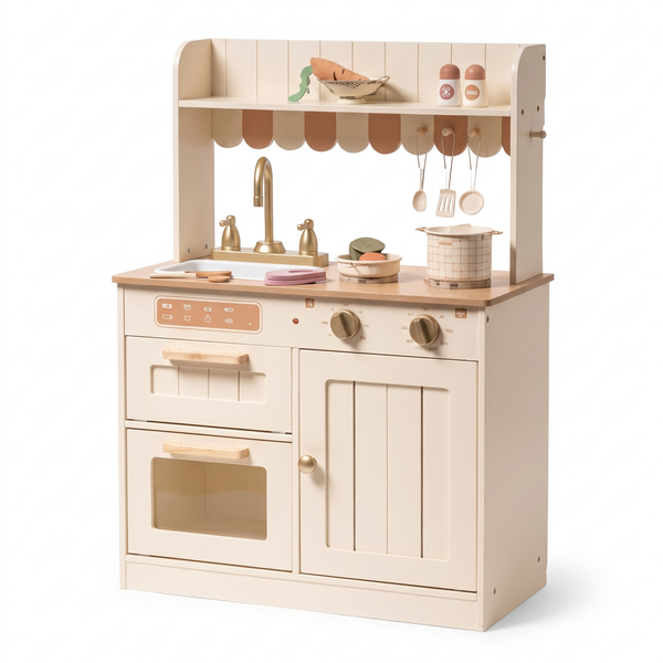 Cuisine enfant en bois – Réaliste crème – fond blanc
