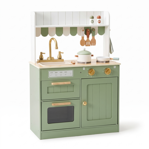 Cuisine enfant en bois – Auvent vert olive – fond blanc