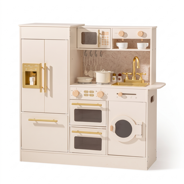 Cuisine enfant en bois – Motif floral crème – fond blanc