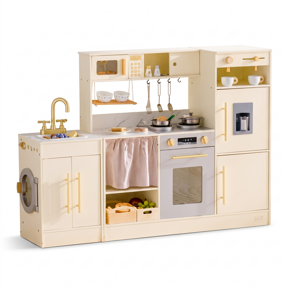 Cuisine d'angle enfant en bois – Tout-en-un crème – fond blanc