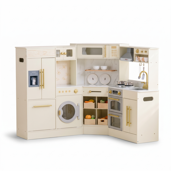 Cuisine d'angle enfant en bois – Luxe crème – fond blanc