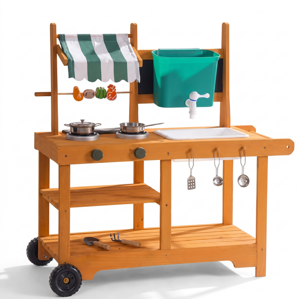 Cuisine d'extérieur enfant en bois – Auvent et roues – fond blanc