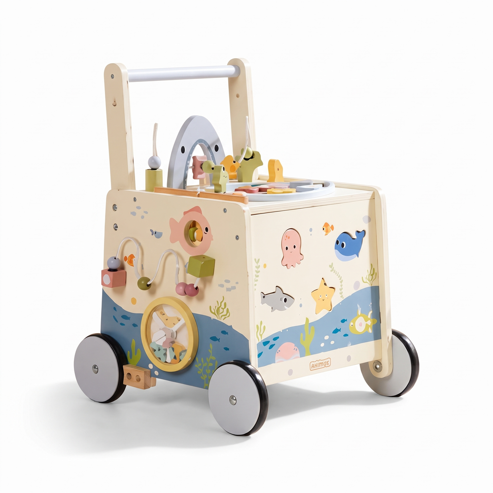 Trotteur enfant en bois – Monde sous-marin – fond blanc