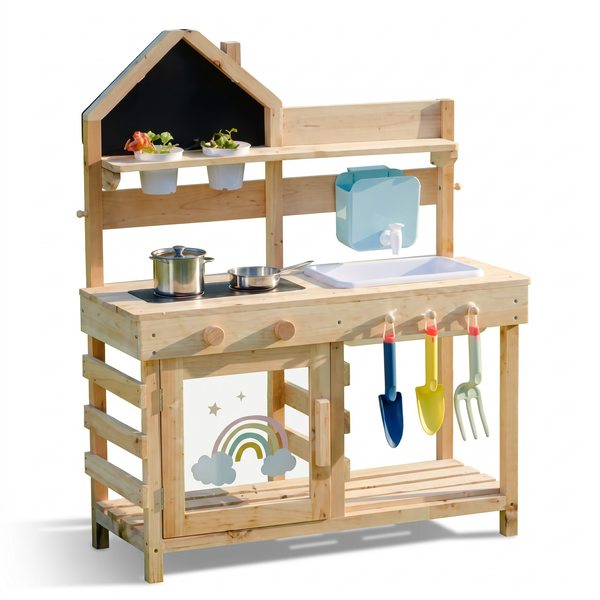 Cuisine d'extérieur enfant en bois – Tableau noir – fond blanc