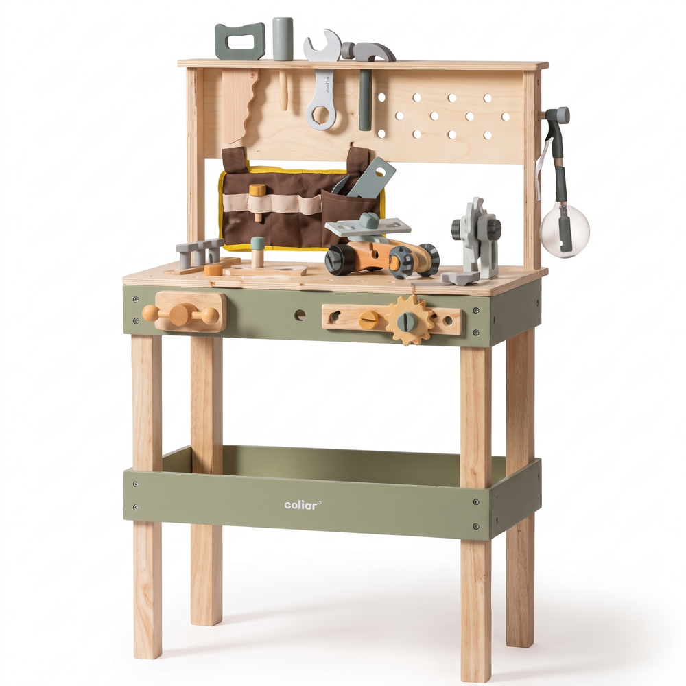 Établi enfant en bois – Étagère basse, vert – fond blanc