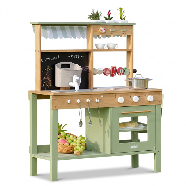 Cuisine de boue d'extérieur enfant en bois – Vert avec auvent – fond blanc