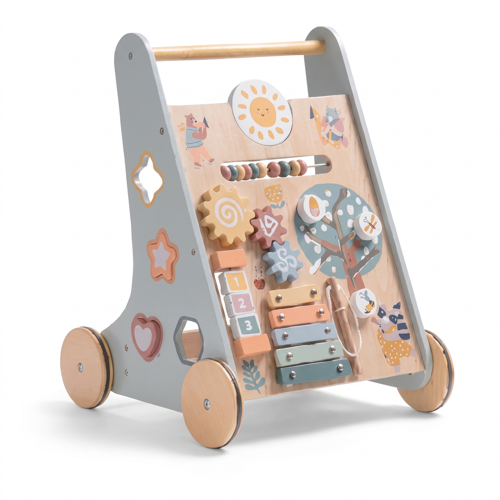 Trotteur enfant en bois – Centre d'activités – fond blanc