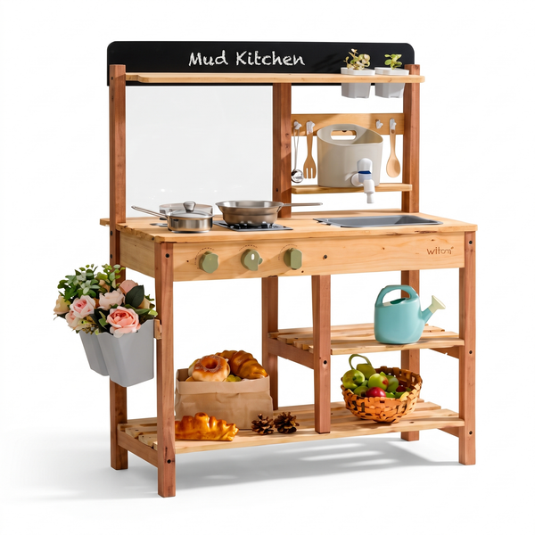 Cuisine de boue d'extérieur enfant en bois – Bois naturel – fond blanc